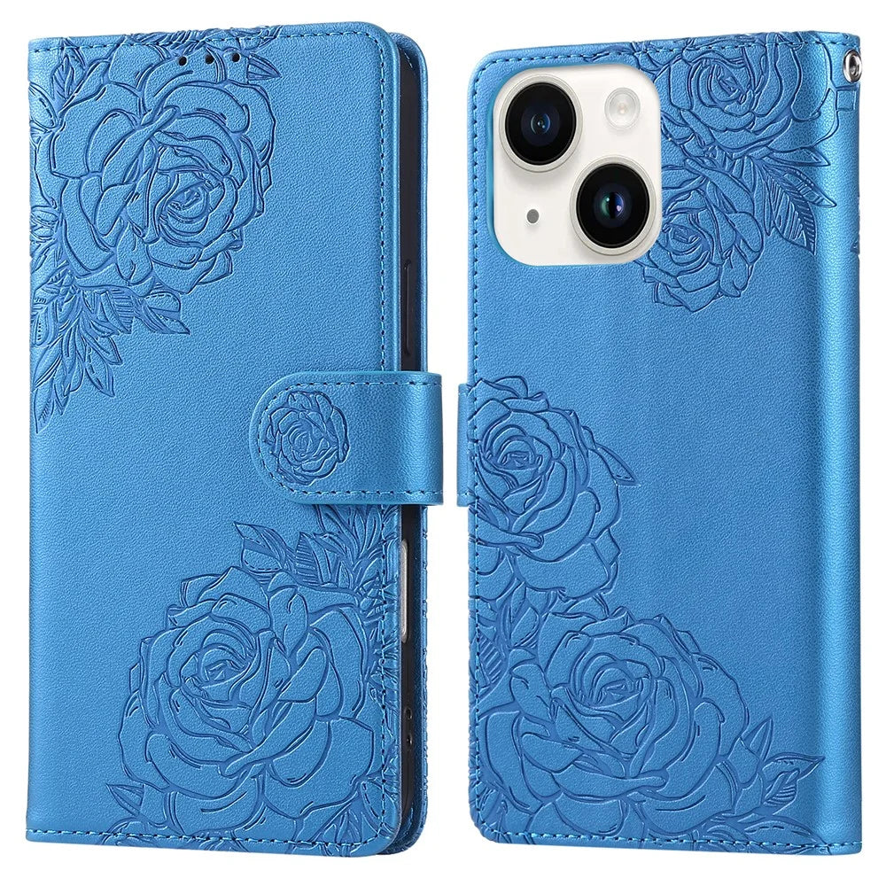 For iPhone 15 Case Rose Flower PU Leather Wallet Phone Cover with 3 Card Slot - Blue - 1