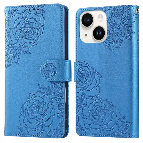 For iPhone 15 Case Rose Flower PU Leather Wallet Phone Cover with 3 Card Slot - Blue - 1