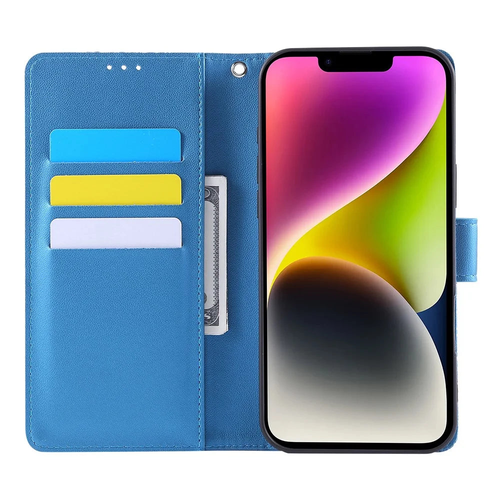 For iPhone 15 Case Rose Flower PU Leather Wallet Phone Cover with 3 Card Slot - Blue - 2