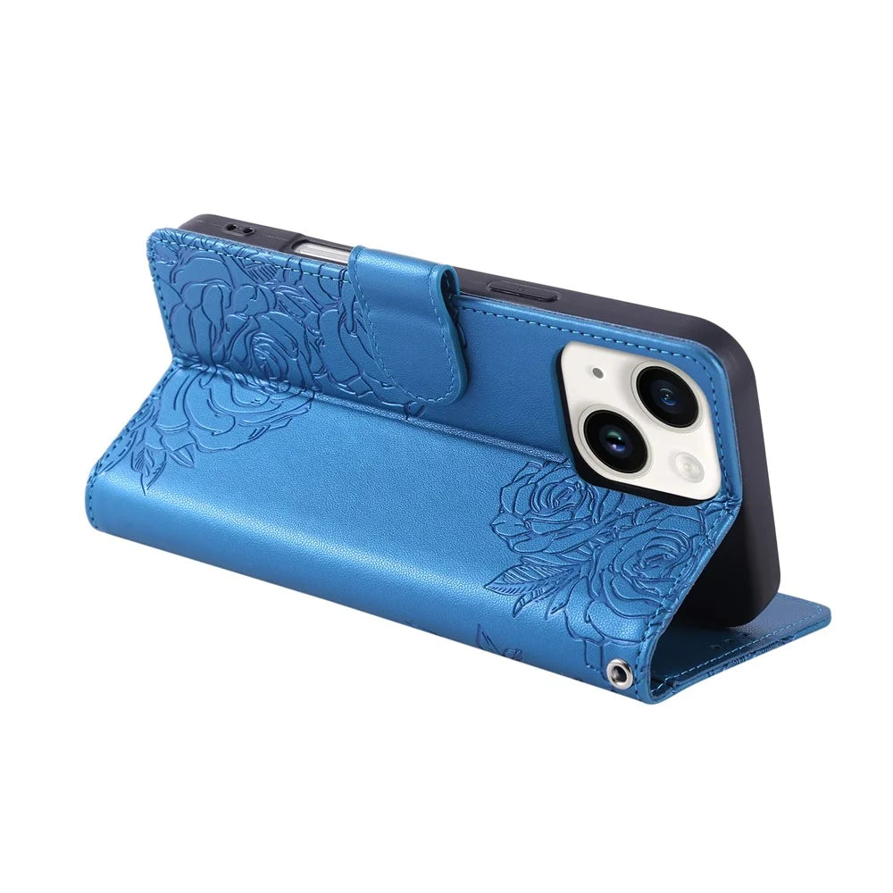For iPhone 15 Case Rose Flower PU Leather Wallet Phone Cover with 3 Card Slot - Blue - 3