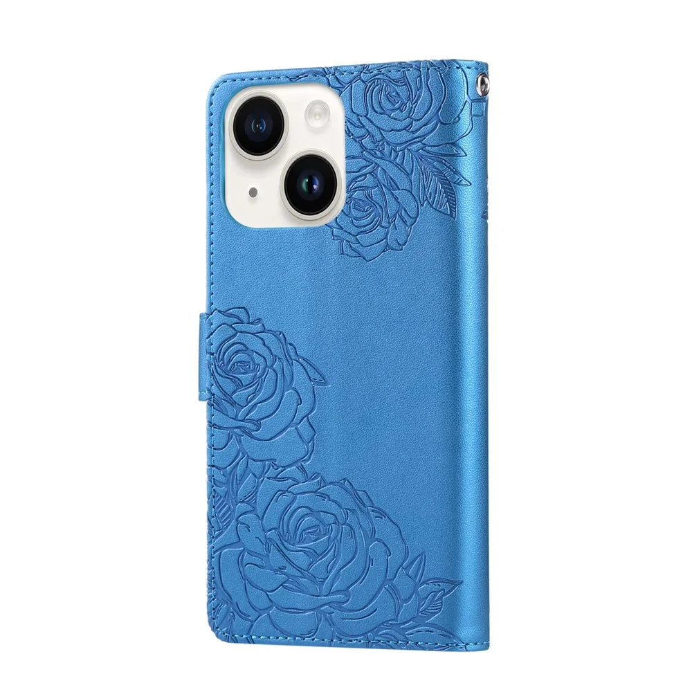 For iPhone 15 Case Rose Flower PU Leather Wallet Phone Cover with 3 Card Slot - Blue - 7