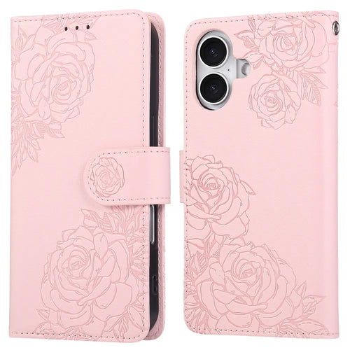 For iPhone 16 Plus Case Rose Flower PU Leather Wallet Phone Cover with 3 Card Slot - Rose Gold - 1