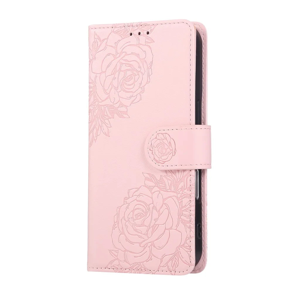 For iPhone 16 Plus Case Rose Flower PU Leather Wallet Phone Cover with 3 Card Slot - Rose Gold - 6