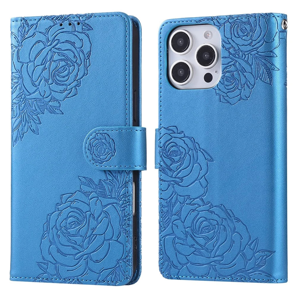 For iPhone 16 Pro Case Rose Flower PU Leather Wallet Phone Cover with 3 Card Slot - Blue - 1