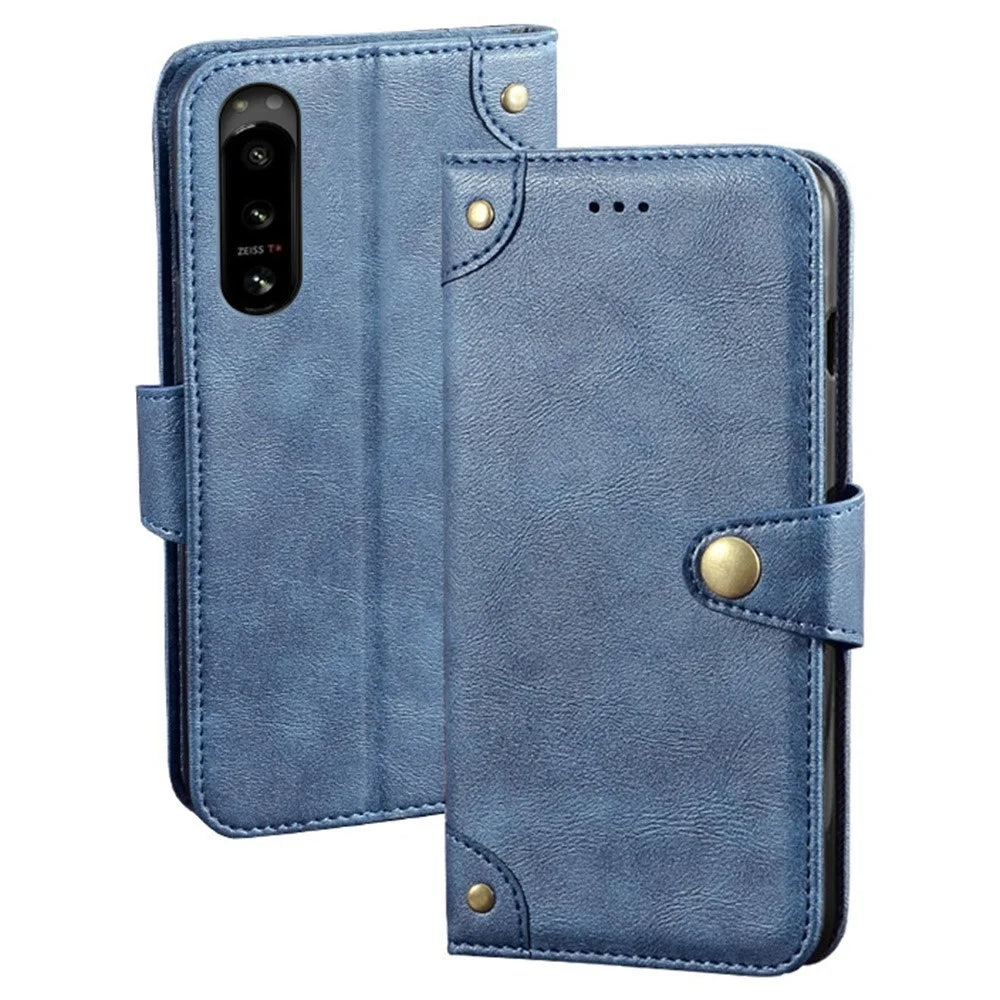 IDEWEI For Sony Xperia 5 IV 5G Anti-fingerprint Fine Texture TPU+PU Leather Wallet Stand Phone Cover Anti-Scratch Phone Case - Blue - 1