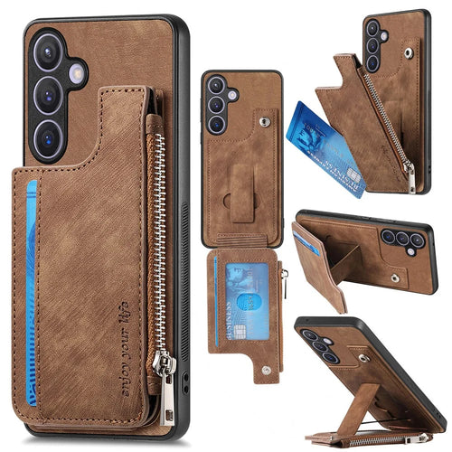 For Samsung Galaxy S24 Case Zipper Card Holder Kickstand Leather + PC + TPU Phone Cover - Brown - 1