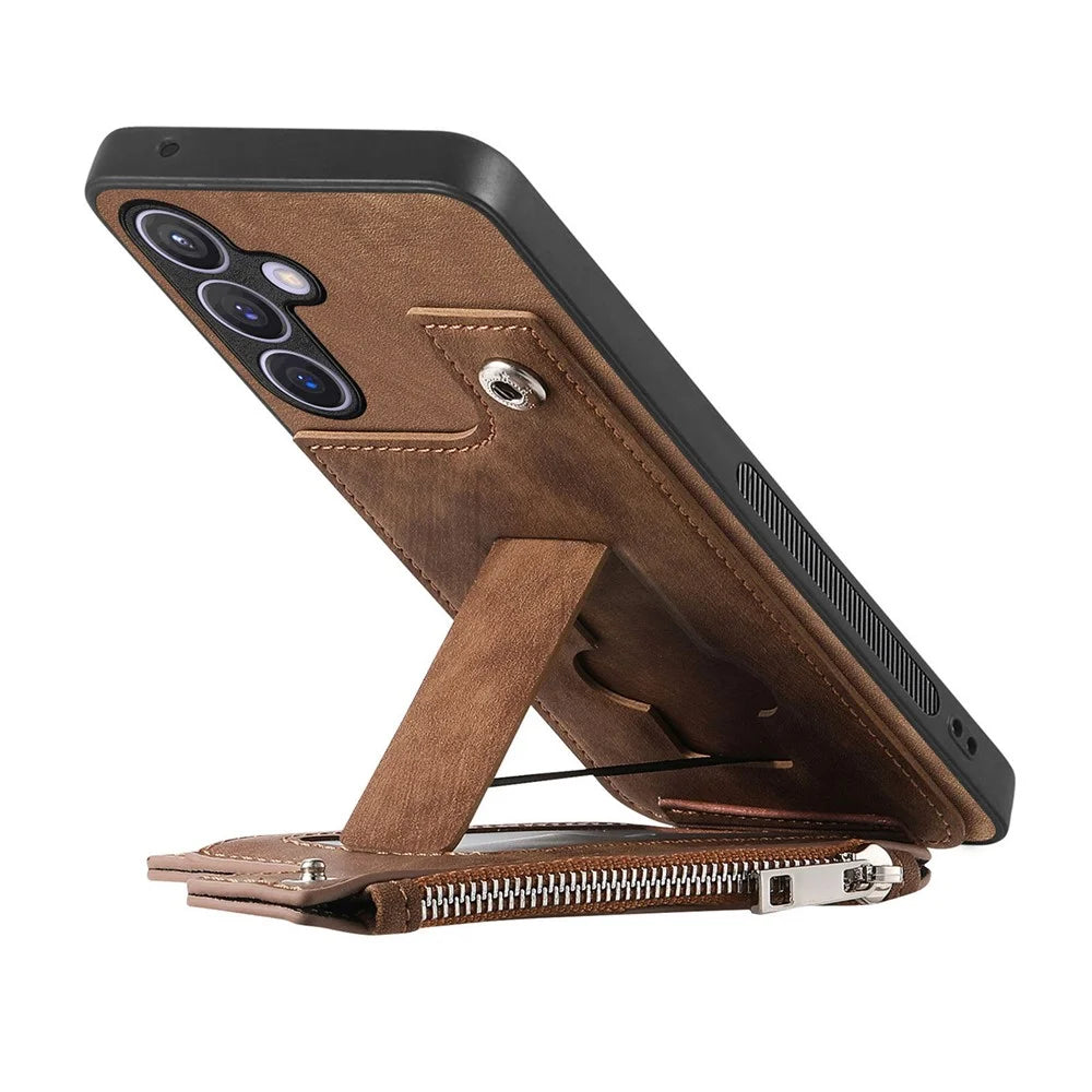 For Samsung Galaxy S24 Case Zipper Card Holder Kickstand Leather + PC + TPU Phone Cover - Brown - 2