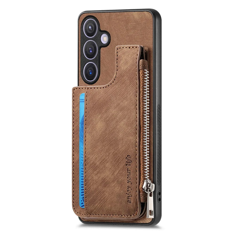 For Samsung Galaxy S24 Case Zipper Card Holder Kickstand Leather + PC + TPU Phone Cover - Brown - 3