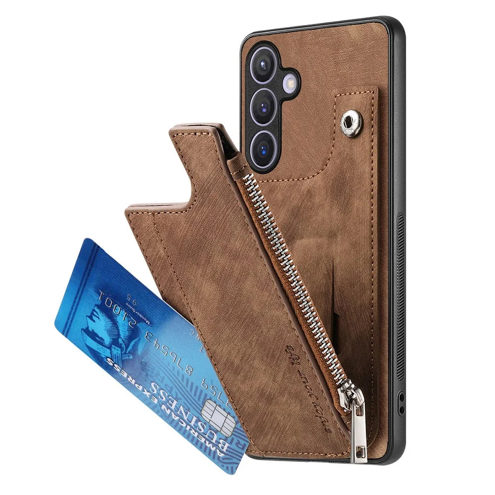 For Samsung Galaxy S24 Case Zipper Card Holder Kickstand Leather + PC + TPU Phone Cover - Brown - 4