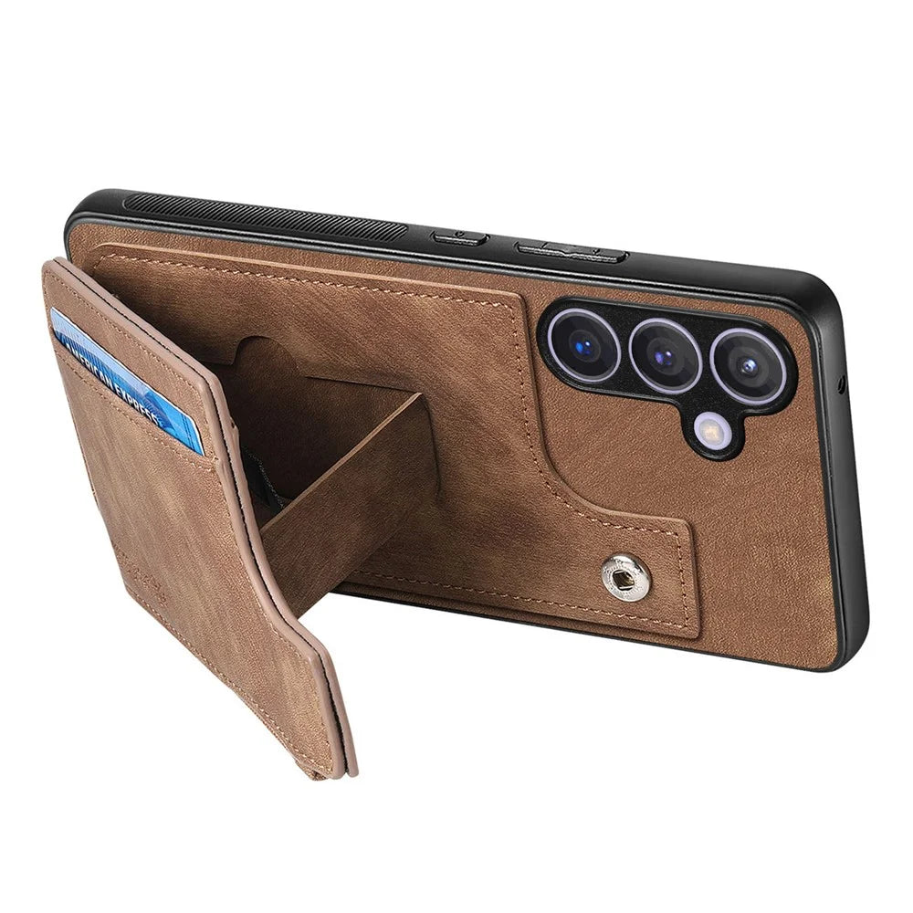 For Samsung Galaxy S24 Case Zipper Card Holder Kickstand Leather + PC + TPU Phone Cover - Brown - 6