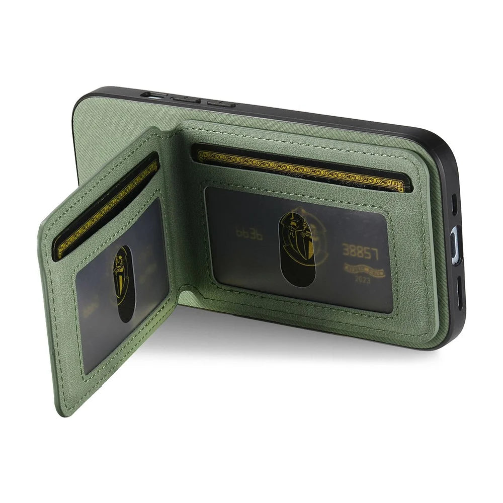 For iPhone 13 6.1 inch Case Cloth Texture Leather + PC + TPU RFID Blocking Phone Cover with Card Holder - Green - 4