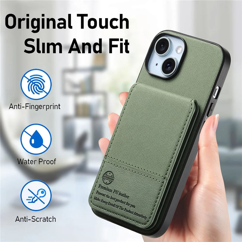 For iPhone 13 6.1 inch Case Cloth Texture Leather + PC + TPU RFID Blocking Phone Cover with Card Holder - Green - 6