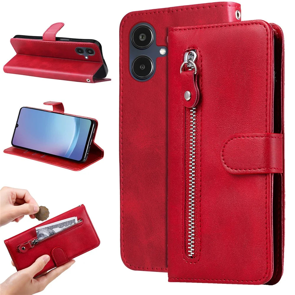 For Samsung Galaxy A25e PU Leather Cases with Zipper Pocket Wallet Phone Cover Stand - Red - 2