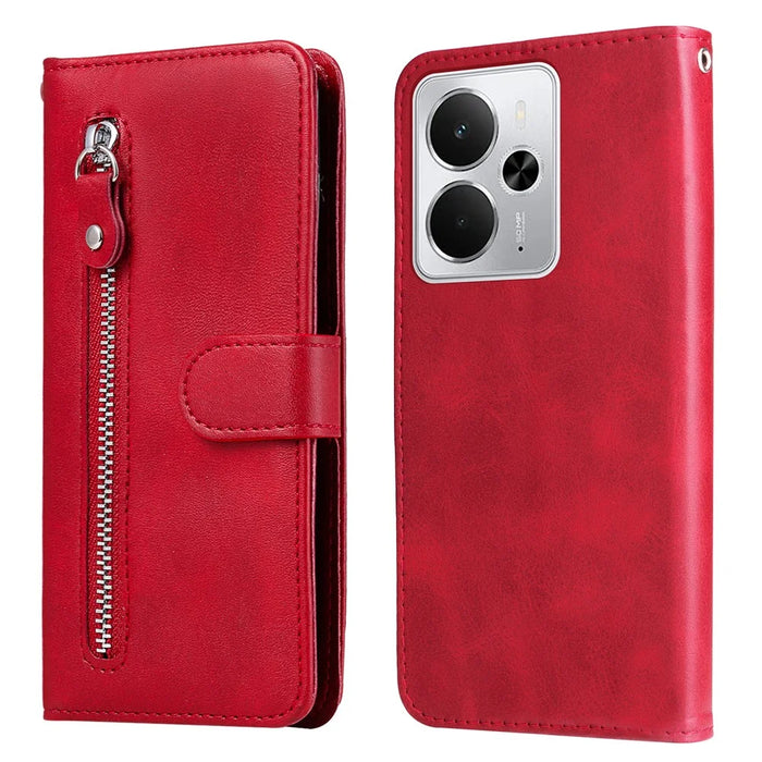 For Realme 14 5G PU Leather Cases with Zipper Pocket Wallet Phone Cover Stand - Red - 1