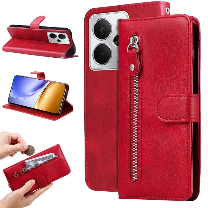 For Realme 14 5G PU Leather Cases with Zipper Pocket Wallet Phone Cover Stand - Red - 2