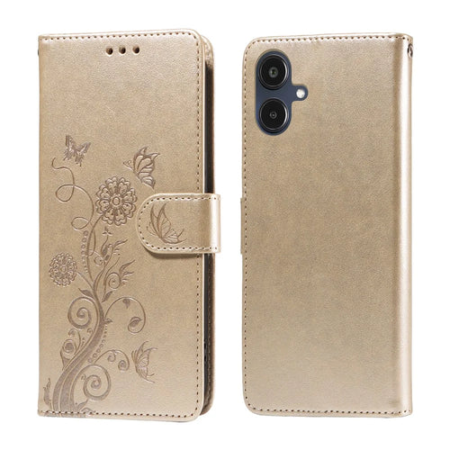 For Samsung Galaxy A25e Leather Case Butterfly Floral Imprint Wallet Stand Cover - Golden - 1
