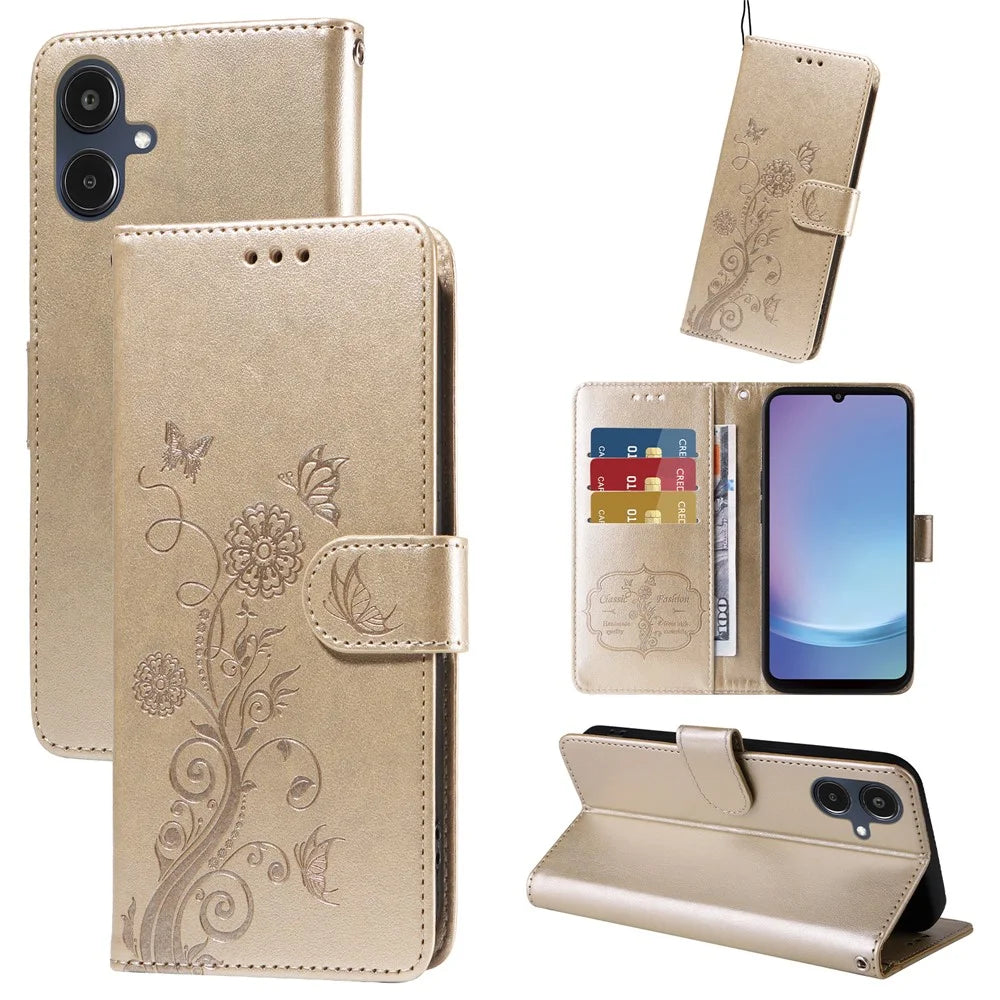 For Samsung Galaxy A25e Leather Case Butterfly Floral Imprint Wallet Stand Cover - Golden - 2