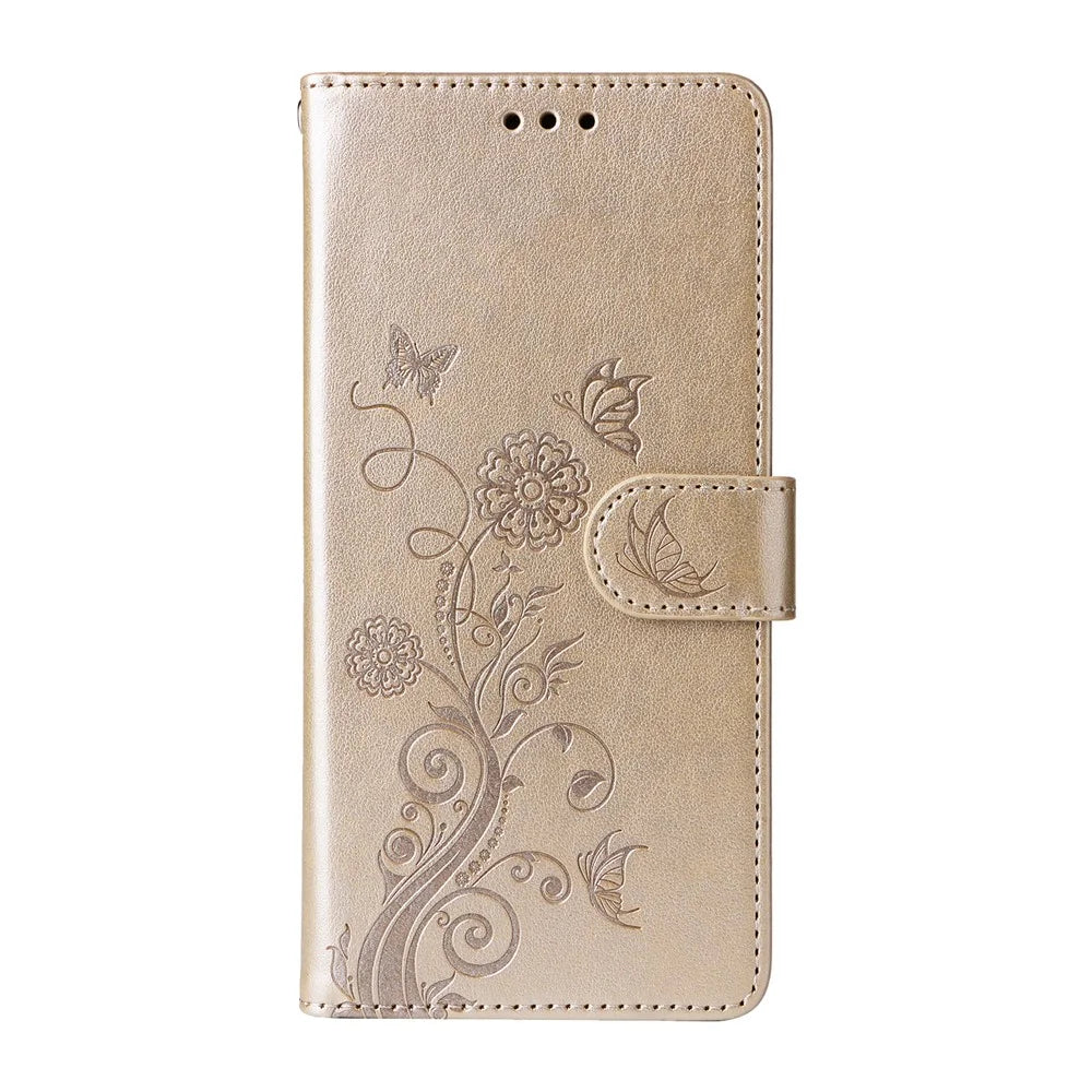 For Samsung Galaxy A25e Leather Case Butterfly Floral Imprint Wallet Stand Cover - Golden - 5