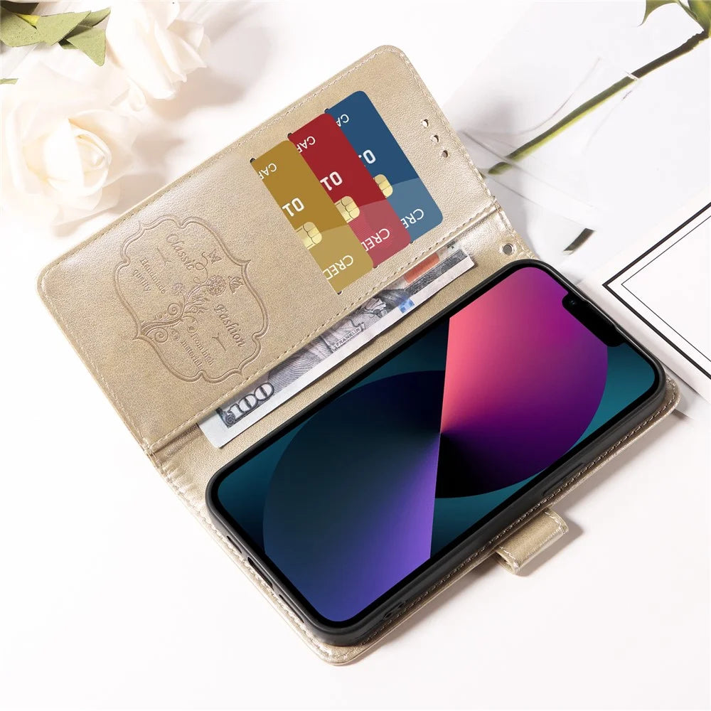 For Samsung Galaxy A25e Leather Case Butterfly Floral Imprint Wallet Stand Cover - Golden - 7