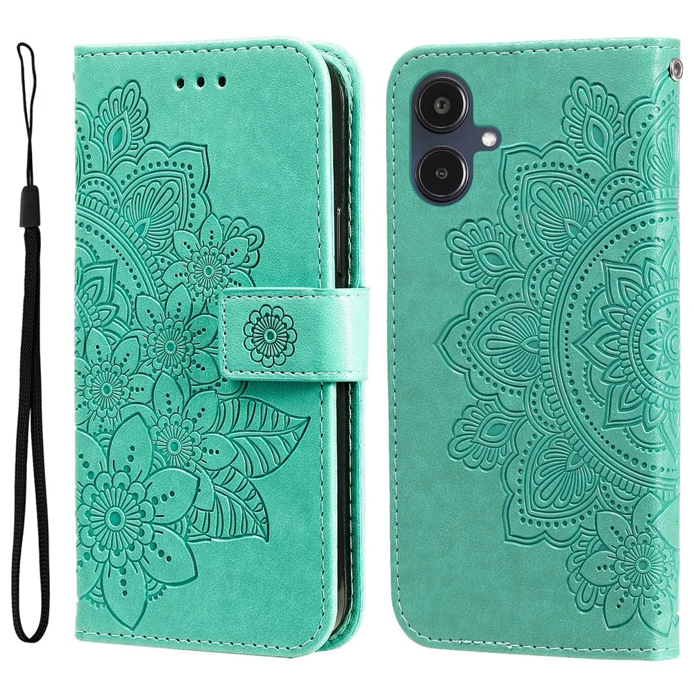 For Samsung Galaxy A25e Case Floral Pattern PU Leather Wallet Stand Phone Cover - Green - 1