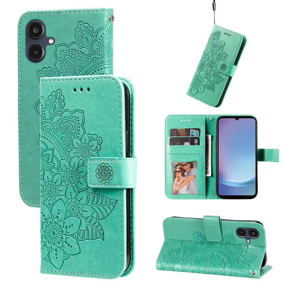 For Samsung Galaxy A25e Case Floral Pattern PU Leather Wallet Stand Phone Cover - Green - 3