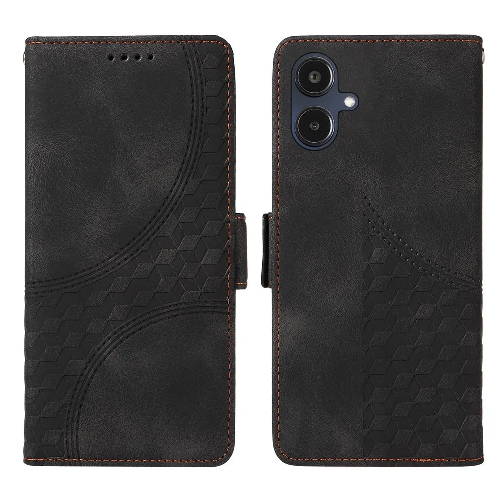 For Samsung Galaxy A25e Leather Cases Wallet Rhombus Imprinted Phone Cover Stand with Strap - Black - 1