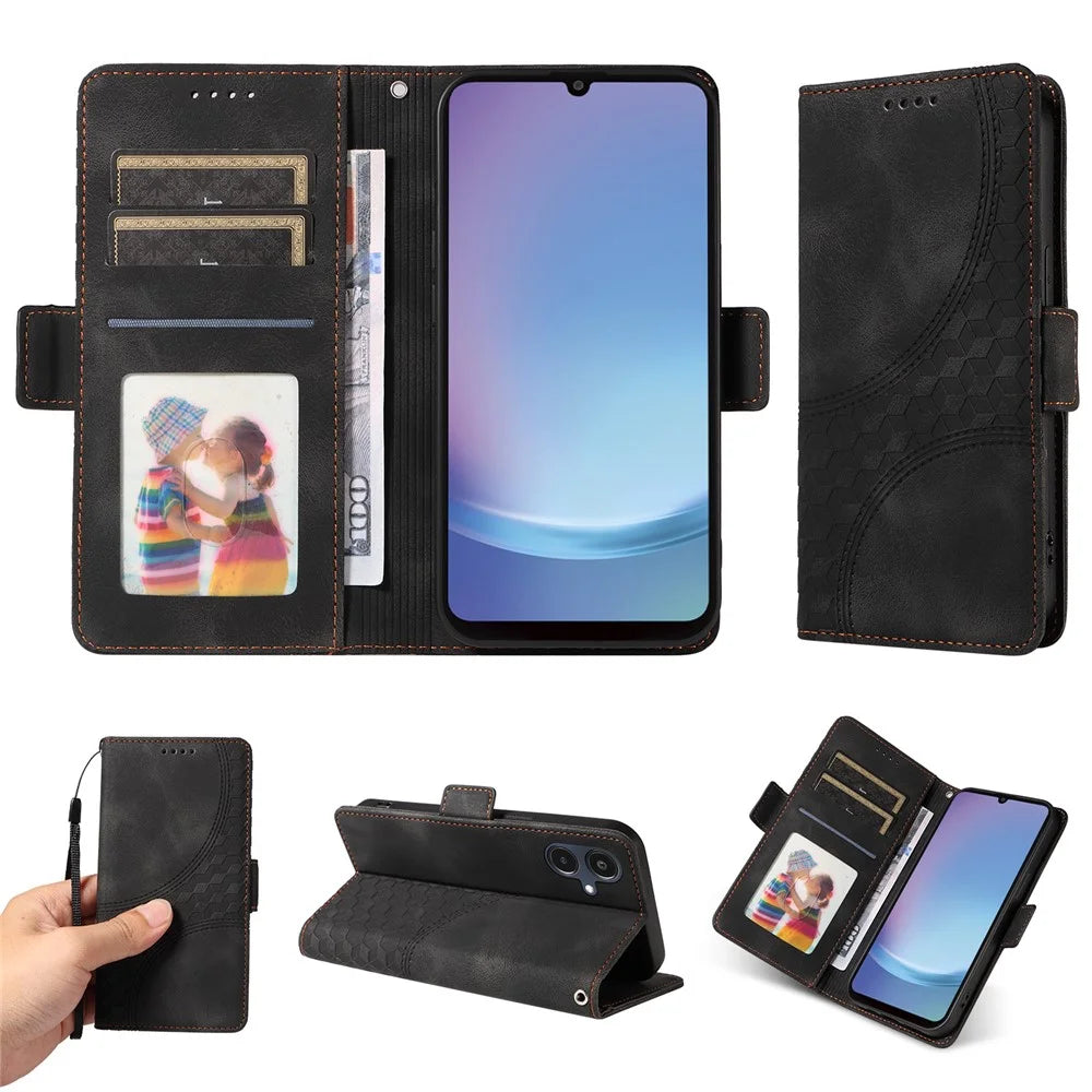 For Samsung Galaxy A25e Leather Cases Wallet Rhombus Imprinted Phone Cover Stand with Strap - Black - 3