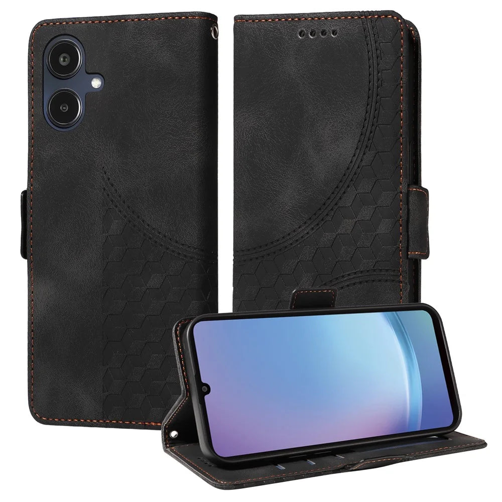 For Samsung Galaxy A25e Leather Cases Wallet Rhombus Imprinted Phone Cover Stand with Strap - Black - 4