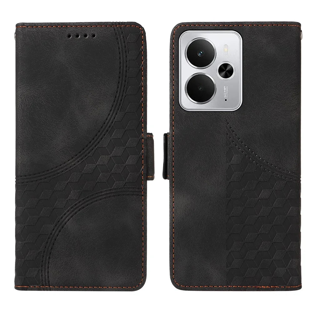 For Realme 14 5G Leather Cases Wallet Rhombus Imprinted Phone Cover Stand with Strap - Black - 1