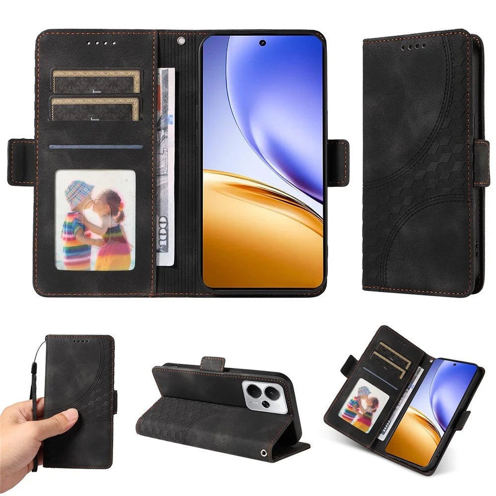 For Realme 14 5G Leather Cases Wallet Rhombus Imprinted Phone Cover Stand with Strap - Black - 3