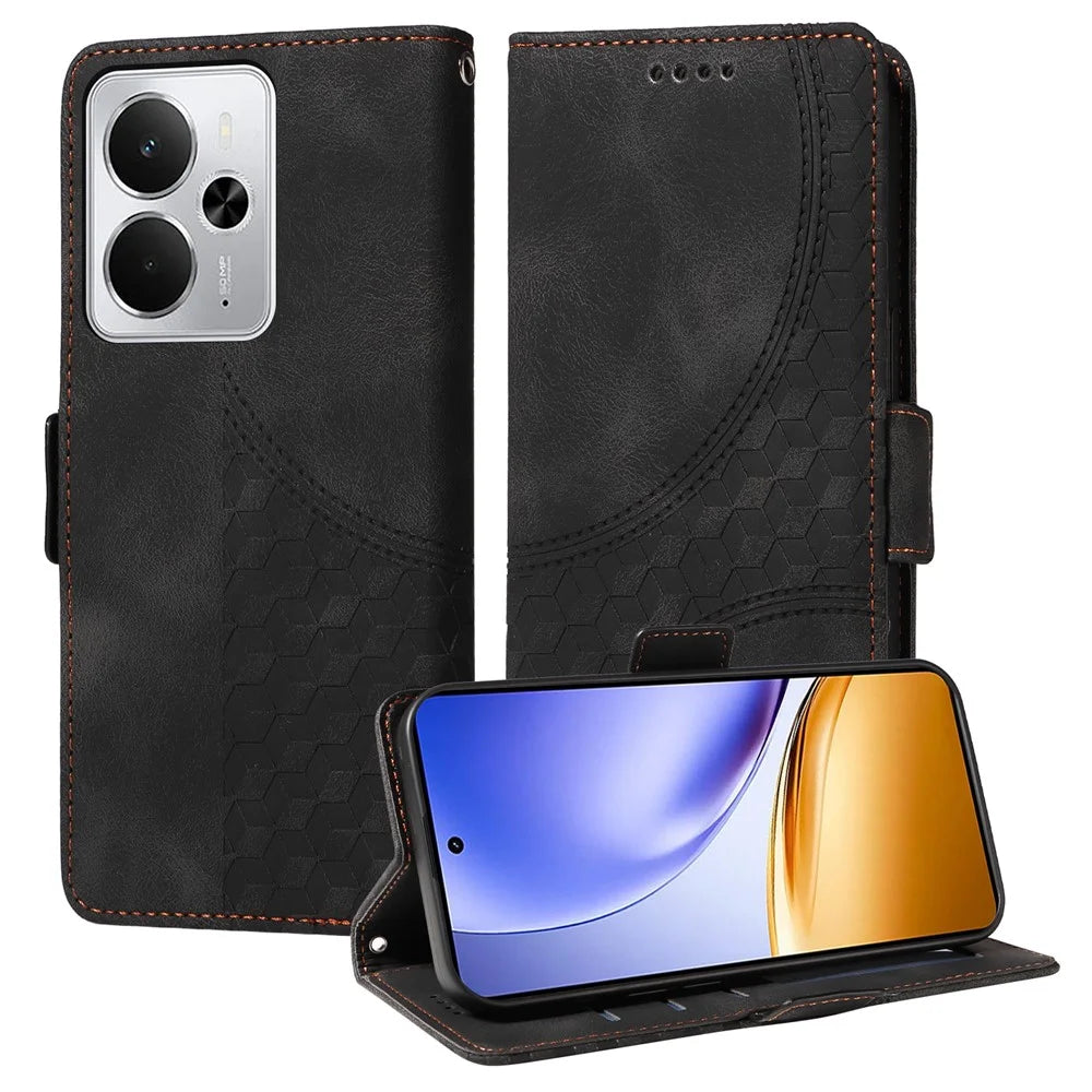 For Realme 14 5G Leather Cases Wallet Rhombus Imprinted Phone Cover Stand with Strap - Black - 4