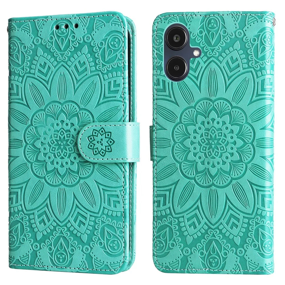 For Samsung Galaxy A25e Case Sunflower Imprint Leather Wallet Phone Cover - Green - 1