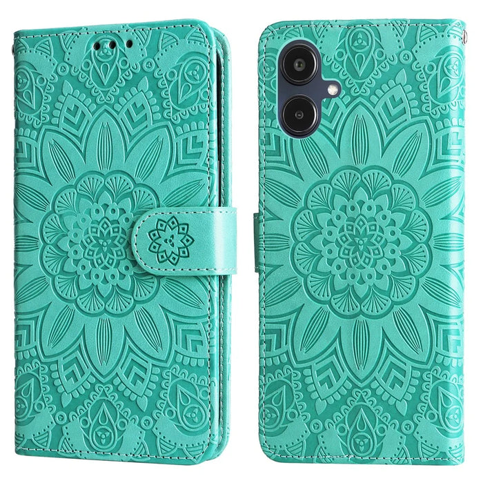 For Samsung Galaxy A25e Case Sunflower Imprint Leather Wallet Phone Cover - Green - 1