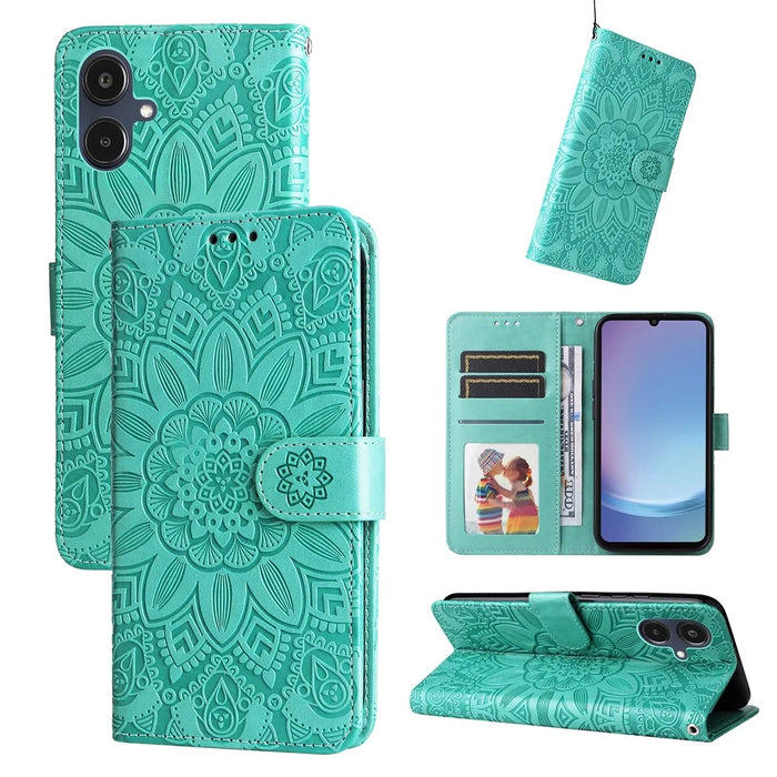 For Samsung Galaxy A25e Case Sunflower Imprint Leather Wallet Phone Cover - Green - 2