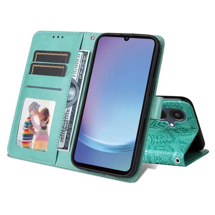 For Samsung Galaxy A25e Case Sunflower Imprint Leather Wallet Phone Cover - Green - 3