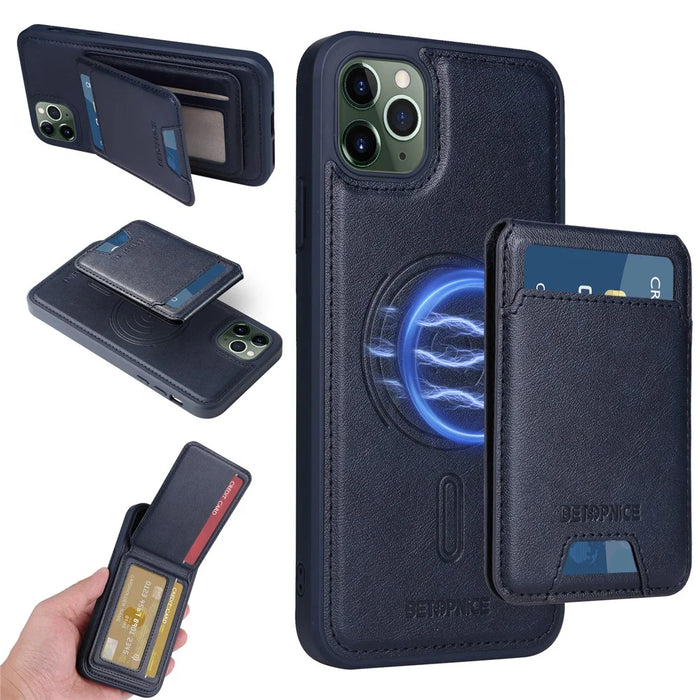 BETOPNICE For iPhone 11 Pro Max Magnetic Case  RFID Blocking Leather Phone Back Cover with Detachable Card Bag - Blue - 1