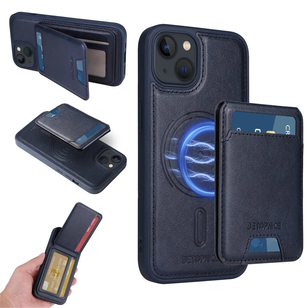 BETOPNICE For iPhone 14 / iPhone 13 6.1 inch Magnetic Case  RFID Blocking Leather Phone Back Cover with Detachable Card Bag - Blue - 1
