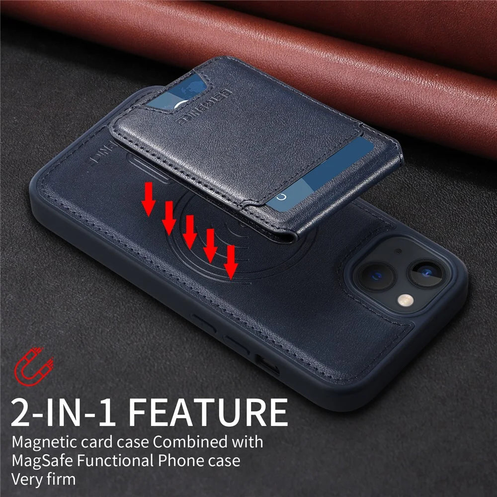BETOPNICE For iPhone 14 / iPhone 13 6.1 inch Magnetic Case  RFID Blocking Leather Phone Back Cover with Detachable Card Bag - Blue - 5
