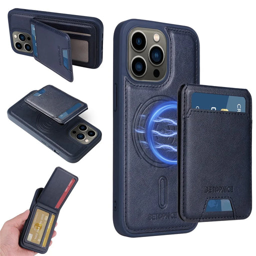 BETOPNICE For iPhone 13 Pro 6.1 inch Magnetic Case  RFID Blocking Leather Phone Back Cover with Detachable Card Bag - Blue - 1