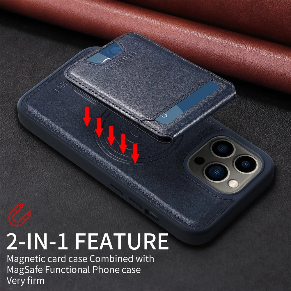 BETOPNICE For iPhone 13 Pro 6.1 inch Magnetic Case  RFID Blocking Leather Phone Back Cover with Detachable Card Bag - Blue - 5