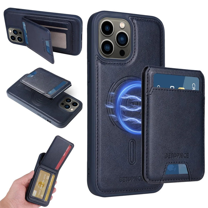 BETOPNICE For iPhone 13 Pro Max 6.7 inch Magnetic Case  RFID Blocking Leather Phone Back Cover with Detachable Card Bag - Blue - 1