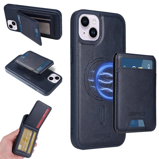 BETOPNICE For iPhone 14 Plus Magnetic Case  RFID Blocking Leather Phone Back Cover with Detachable Card Bag - Blue - 1