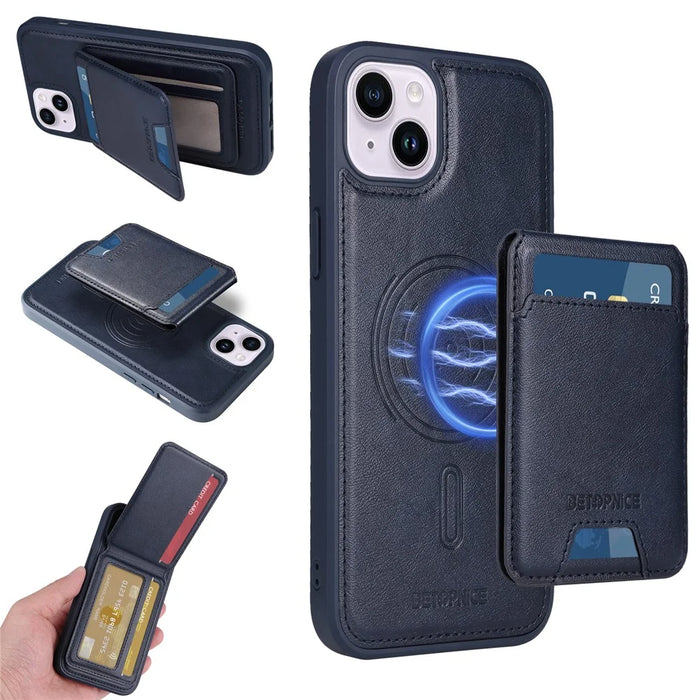 BETOPNICE For iPhone 14 Plus Magnetic Case  RFID Blocking Leather Phone Back Cover with Detachable Card Bag - Blue - 1