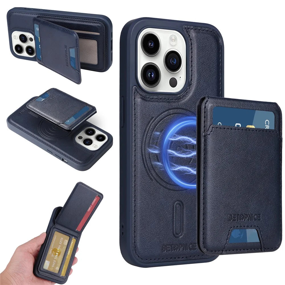 BETOPNICE For iPhone 14 Pro Magnetic Case  RFID Blocking Leather Phone Back Cover with Detachable Card Bag - Blue - 1