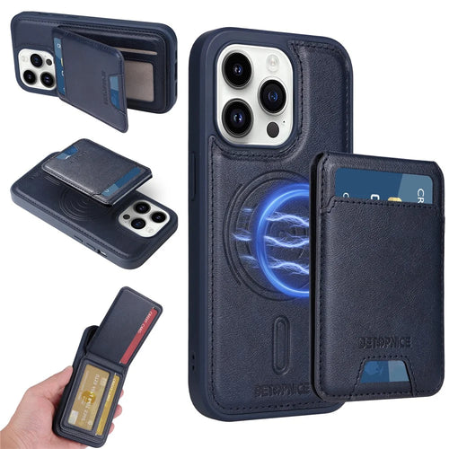 BETOPNICE For iPhone 14 Pro Magnetic Case  RFID Blocking Leather Phone Back Cover with Detachable Card Bag - Blue - 1