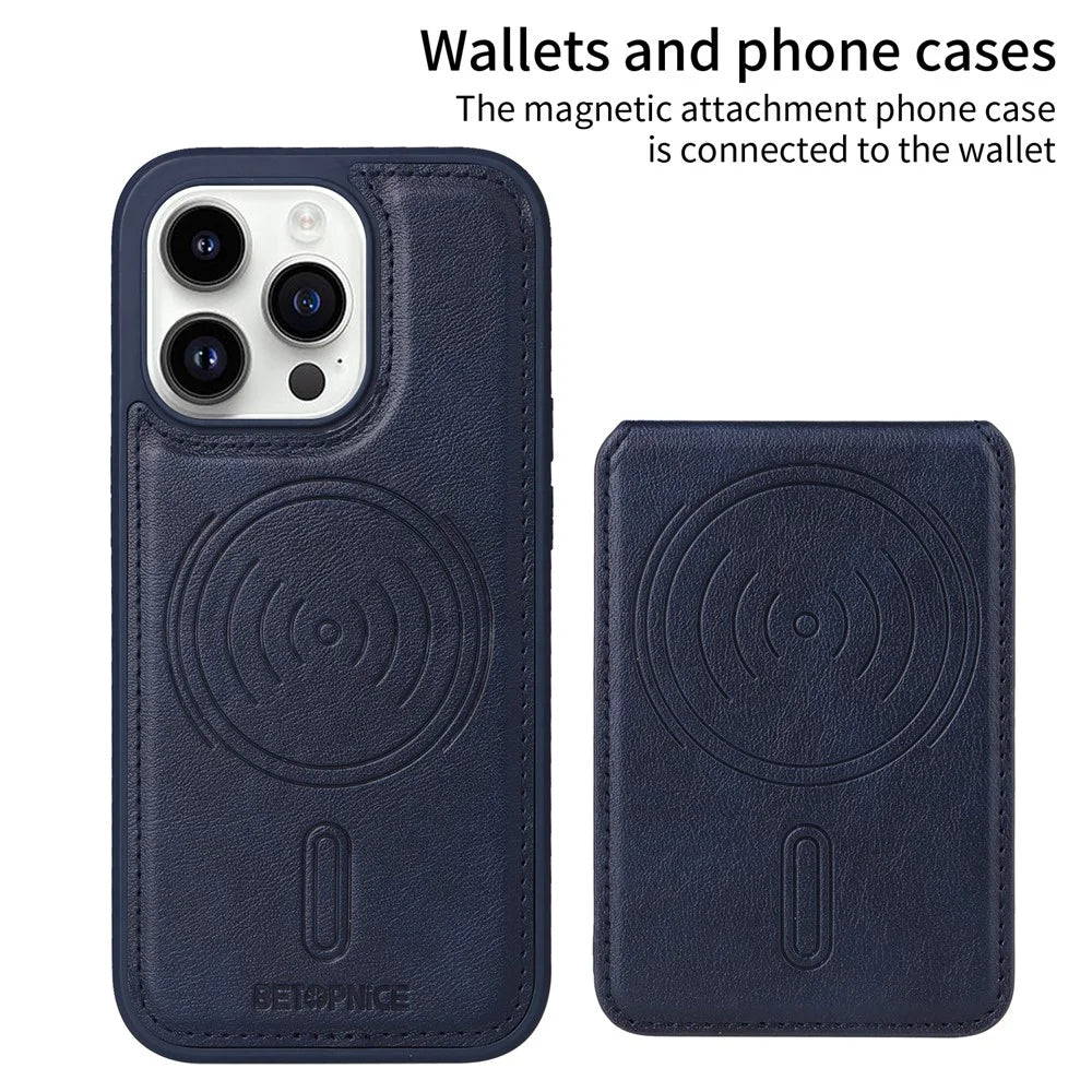 BETOPNICE For iPhone 14 Pro Magnetic Case  RFID Blocking Leather Phone Back Cover with Detachable Card Bag - Blue - 2