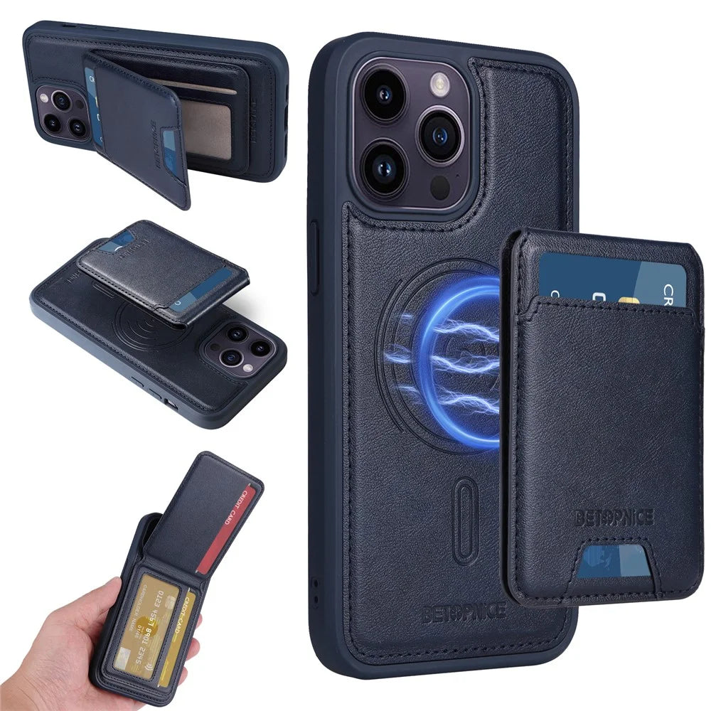 BETOPNICE For iPhone 14 Pro Max Magnetic Case  RFID Blocking Leather Phone Back Cover with Detachable Card Bag - Blue - 1