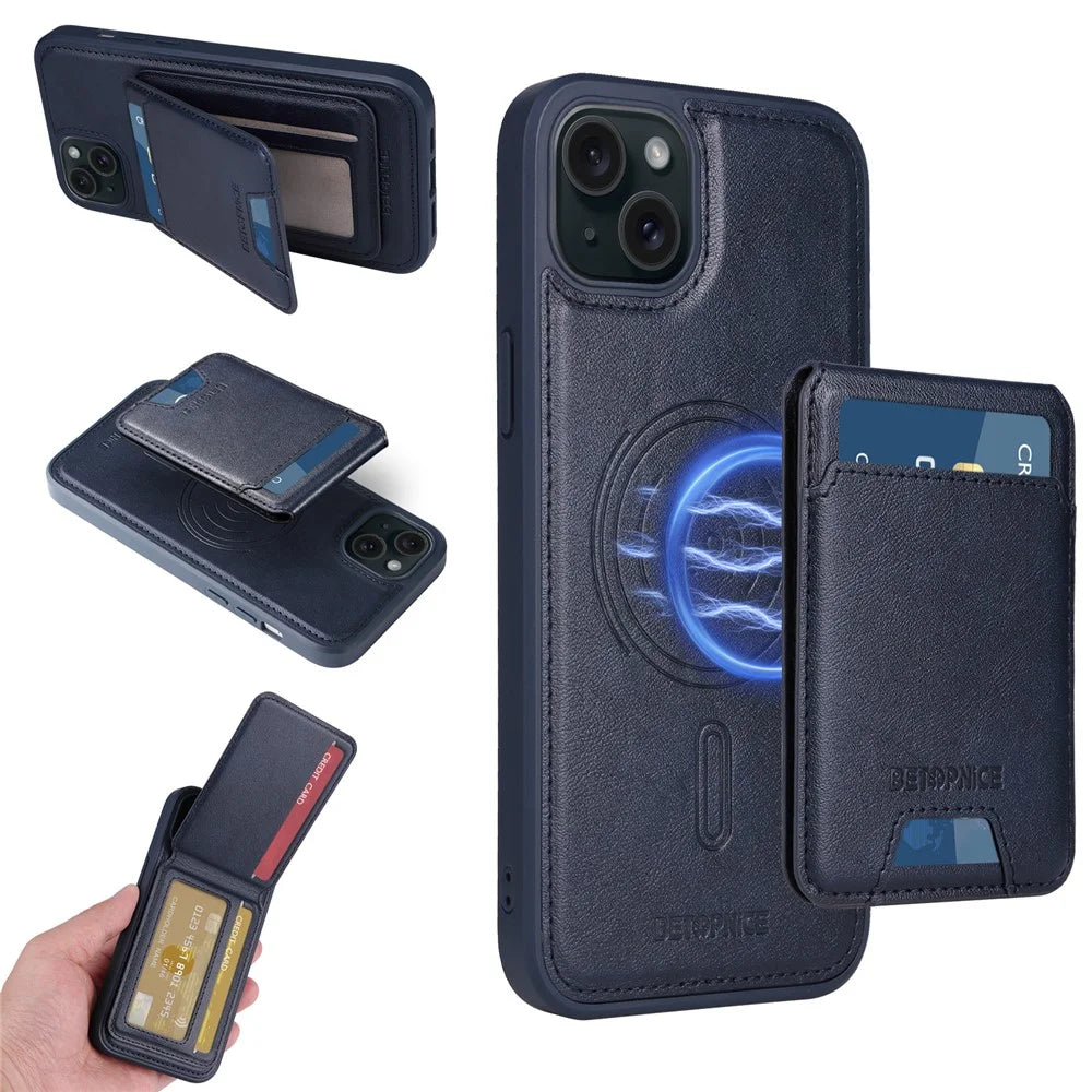 BETOPNICE For iPhone 15 Plus Magnetic Case  RFID Blocking Leather Phone Back Cover with Detachable Card Bag - Blue - 1