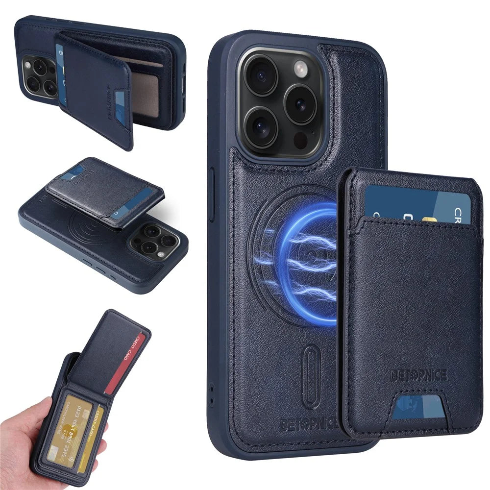 BETOPNICE For iPhone 15 Pro Magnetic Case  RFID Blocking Leather Phone Back Cover with Detachable Card Bag - Blue - 1