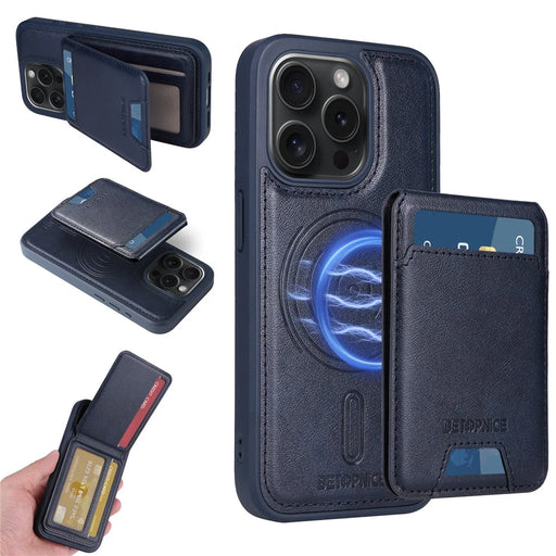 BETOPNICE For iPhone 15 Pro Magnetic Case  RFID Blocking Leather Phone Back Cover with Detachable Card Bag - Blue - 1
